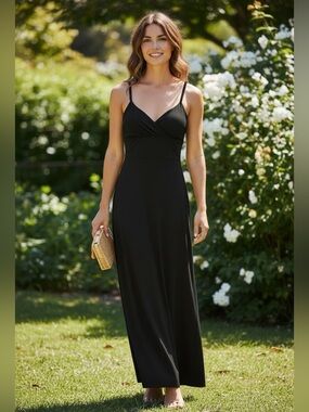 Black Spaghetti Strap Maxi Evening Gown Stretch Slit Dress Size S (US sizing)